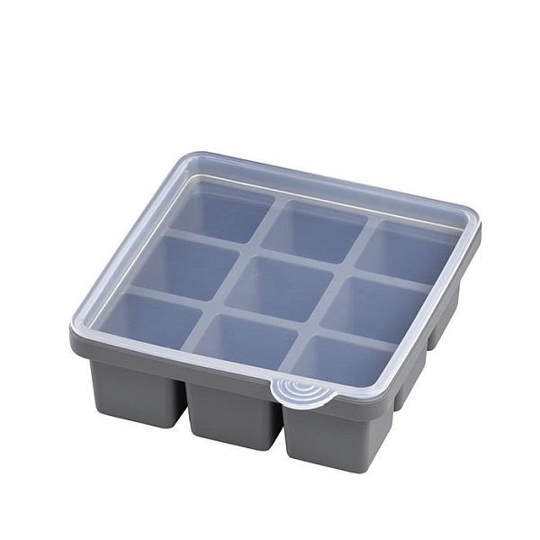 APS ijsblokjesvorm, 15,5 x 15,5 cm, hoogte: 5,5 cm, siliconen, grijs, inclusief transparant deksel, elk voor 9 ijsblokjes, verpakking: 2 stuks, 36102