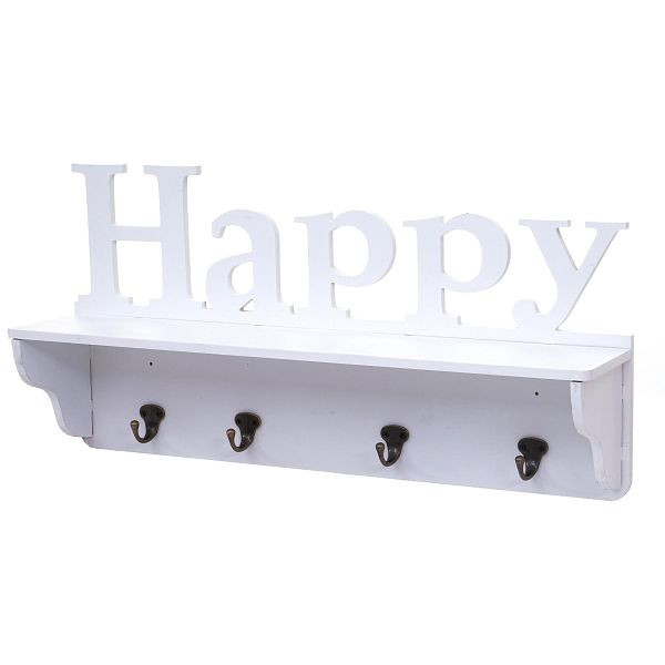 Mendler wandkapstok HWC-D41 Happy, kapstok, 4 stevige haken 30x60x13cm, wit, 62808
