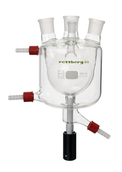 Rettberg 4-halskolf, 4000 ml, met temperatuurregelmantel, MH NS 29, SH 2x NS 29, 1x NS 14.5 schuin, bodemuitlaatventiel 0 - 10 mm, 134201071