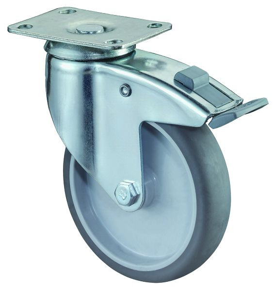 BS-wielen Zwaar apparaatwiel met rem, breedte 31 mm, Ø125 mm, tot 100 kg, grijs rubber, glijlager, plaat, VE = 2 stuks, C120.A80.125