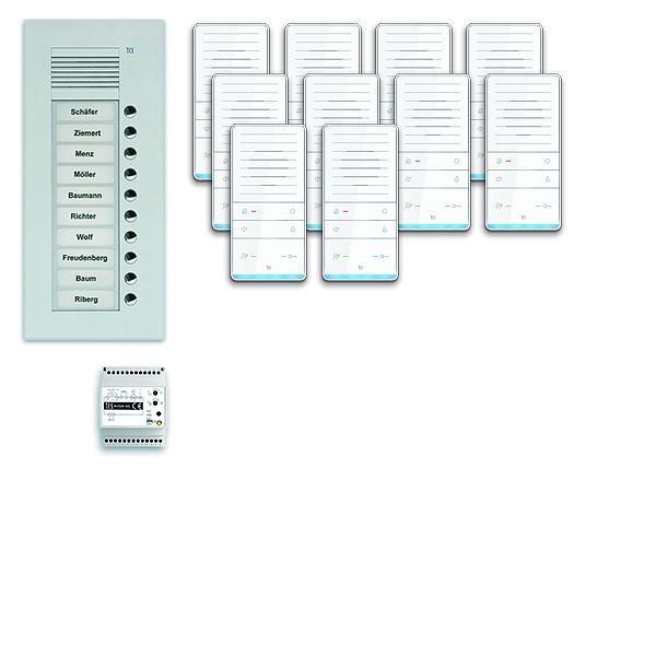 TCS deurbedieningssysteem audio: pak UP voor 10 wooneenheden, met buitenstation PUK 10 belknoppen, 10x handsfree luidspreker ISW5031, bedieningseenheid BVS20, PAUF101 / 001