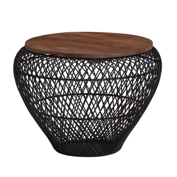 Wohnling salontafel mango massief hout metaal 60x60x45 cm zwart rond met opbergruimte, design woonkamertafel rieten tafel modern, WL6.707