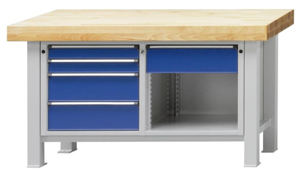 ANKE zware werkbank; 1500x800mm; RAL 7035/5010; Beuk massieve plaat; Links 4 laden 90,90, 180, 180 mm; Rechts 1 lade; Onderwerp open