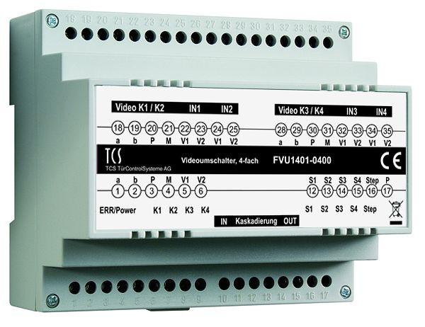 TCS-videosignaalschakelaar voor de gerichte selectie van 1 uit maximaal 64 camera's, 4-voudig, DIN-rail 6 TE, FVU1401-0400