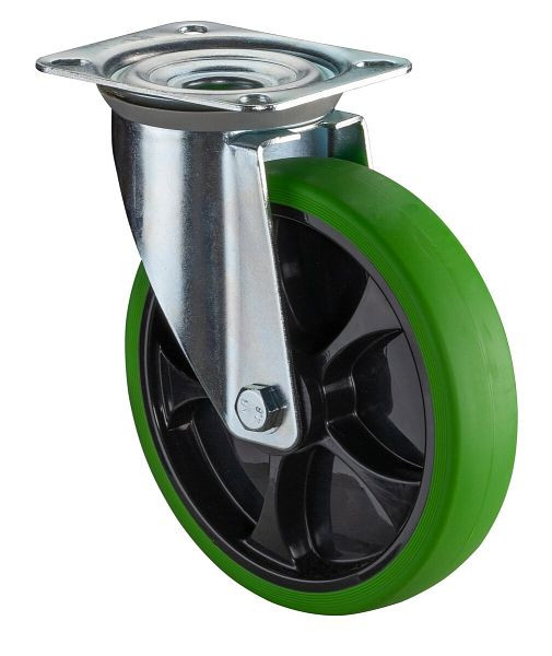 BS rollen transportwiel zwenkwiel, thermoplastisch rubberen wiel, groene band, zwarte velg, rollager, plaat, diameter: 200 mm, L400.B44.201.04