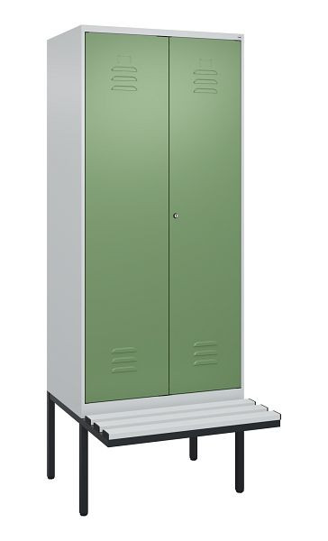 C+P Umkleidespind Classic PLUS, Doppel-Spind, 2 Abteile, 2120x800x815mm, 7035/6011, Zylinderschloss, Untergestell & Sitzfläche, 0800427-22P S10021