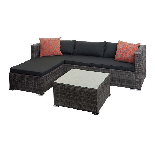 Mendler poly rotan set HWC-F57, balkon/tuin/loungeset bank zitgroep, grijs, donkergrijze kussens met sierkussens, 76133+76134+2x51880