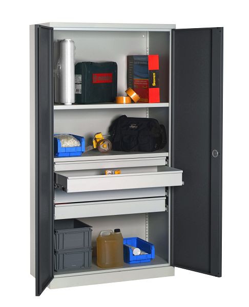 SOFAME uitgeruste werkplaatskast 1000x500x1950mm, 1 telescopische lade + 3 telescopische laden + 2 planken, lichtgrijs, W030090025GCGC