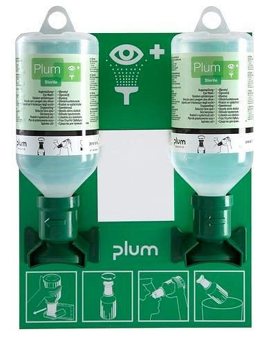 DENIOS wandhouder met 2 oogspoelflessen met elk 500 ml zoutoplossing, 137-641