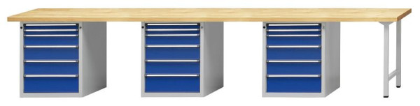 ANKE combinatie werkbank; 3 werkplekken; 4050x700mm; 3x onderkast 660x615 mm, 6 laden 60, 60, 120, 150, 150, 180 mm