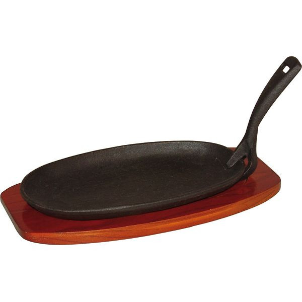 Stalgast serveerpan van gietijzer met houten onderzetter, afmetingen 24 x 14 cm, KG1409240