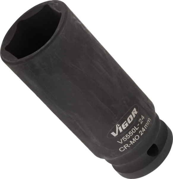 VIGOR slagmoersleuteldop, lang, hol vierkant 12,5 mm (1/2 inch), buitenzeskantprofiel, 24 mm, V5550L-24
