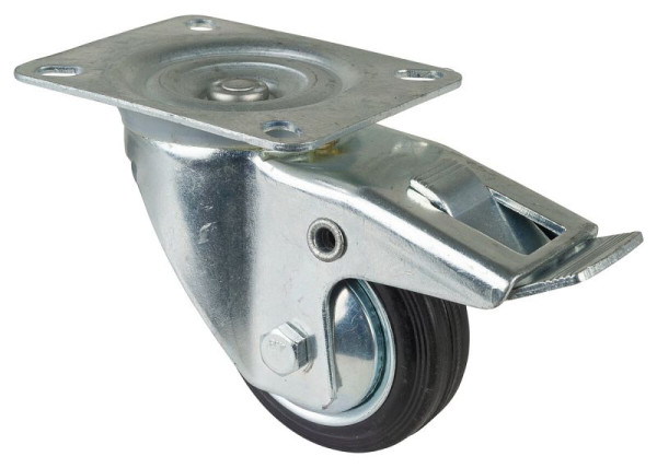 BS rollen transportrol met rem, breedte 25 mm, Ø80 mm, tot 50 kg, zwart rubber, rollager, plaat, VE 4 stuks, L420.B55.081