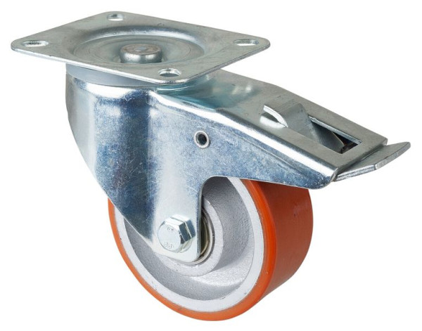 BS rollen transportrol met rem, breedte 40 mm, Ø125 mm, tot 300 kg, gegoten polyurethaan 95 Shore A, gegoten wiellichaam, kogellager, LSS420.C10.125