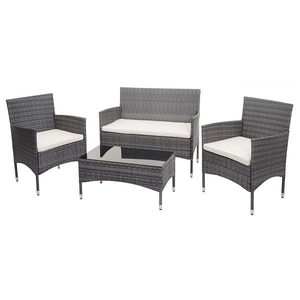 Mendler poly rotan set HWC-F55, balkon/tuin/loungeset bank zitgroep, grijs, kussens creme, 76116