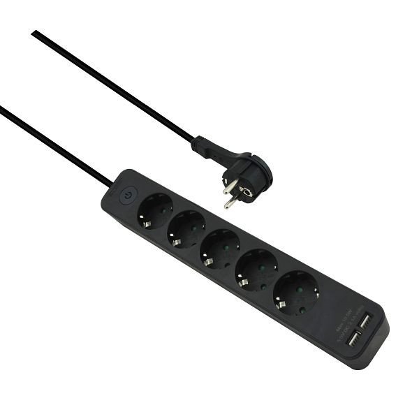 Helos stekkerdoos ADVANCED, 5-voudig, USB-oplader zwart, 1,5m, met schakelaar, 286666