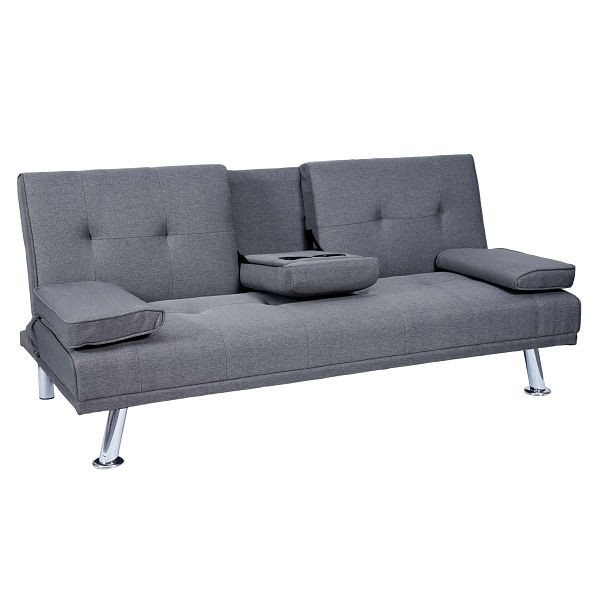 Mendler 3-zitsbank HWC-F60, bank slaapbank logeerbed, bekerhouder verstelbaar 97x166cm, textiel, donkergrijs, 70182