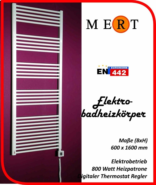 MERT elektrische badkamerradiator wit, recht, 600 x 1600 mm, gevuld, E1-60x160-B