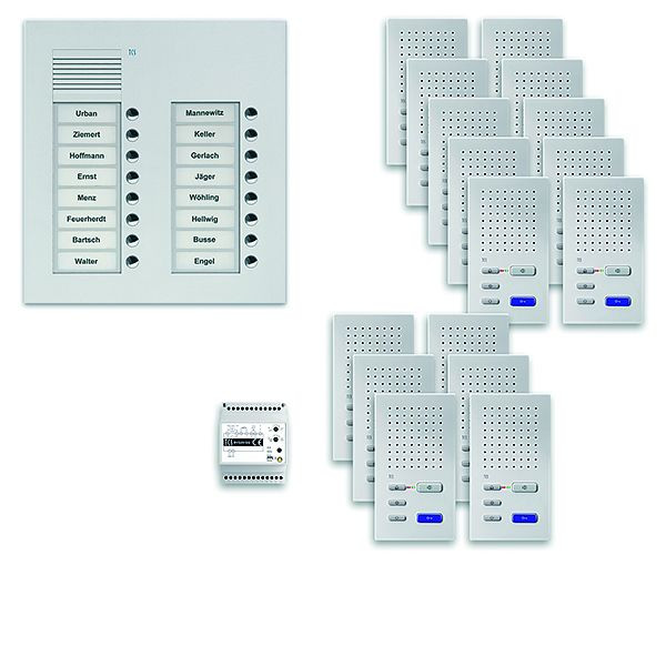 TCS deurbedieningssysteem audio: pack UP voor 16 wooneenheden, buitenstation PUK 16 belknoppen 2-koloms, 16x handsfree luidspreker ISW3030, bediening, PPUF16 / 2-EN / 02