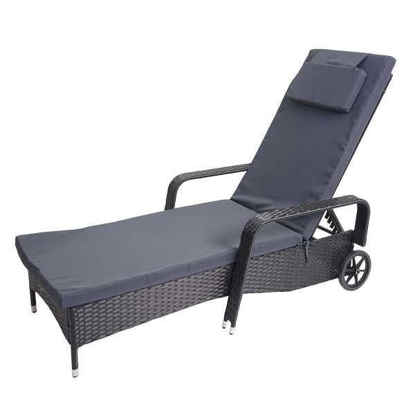 Mendler polyrotan ligstoel Carrara, relaxligstoel, tuinligstoel, aluminium, antraciet, grijze kussens, 53157