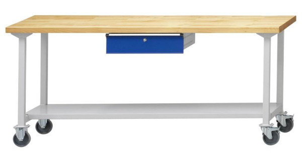 ANKE werktafel; mobiel; 2000x700 mm; RAL 7035/5010; 1xHängeschublade; 1x opbergvak van 500 mm diep plaatstaal