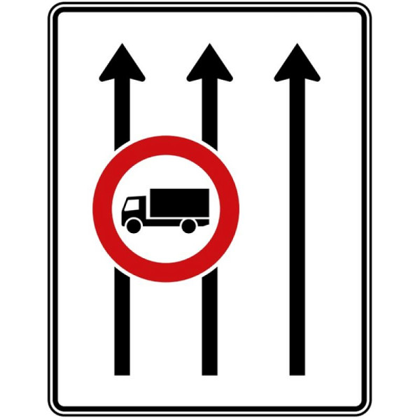 Stone HGS rijbaanbord zonder tegenliggers, RA2/vlakke vorm 3mm, zonder afstandsinformatie, 1600x1250mm, 3 strepen in de rijrichting, 2 strepen met een verbod voor motorvoertuigen boven 3,5 t, 524-31-123