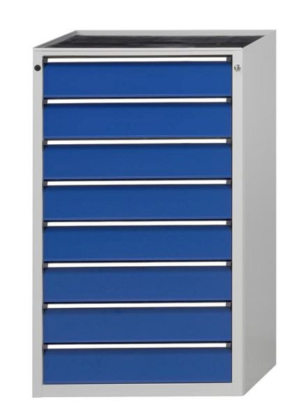 ANKE ladekast; 765 x 700 x 1320 mm; RAL 7035/5010; Massief beuken blad 40 mm; 8 laden, 610.103