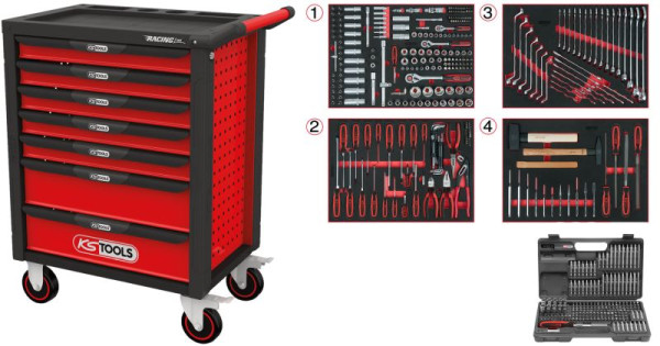 KS Tools RACINGline ZWART/ROOD werkplaatswagen met 7 laden en 515 premium gereedschap, 826.7515