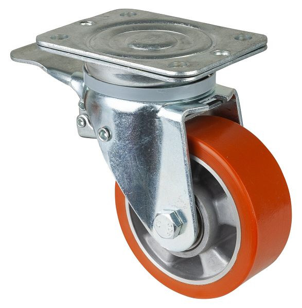 BS-wielen Zwaarlastwiel met rem, breedte 50 mm, Ø125 mm, tot 450 kg, polyurethaan gegoten 95 Shore A, aluminium behuizing, kogellager, N120.B90.129