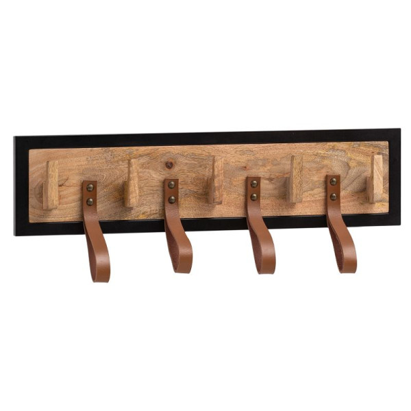 Wohnling wandkapstok Mango massief hout / echt leer 60x15x6 cm, haakrek voor jassen, sjaals en hoeden, met metalen frame en lussen, WL6.786