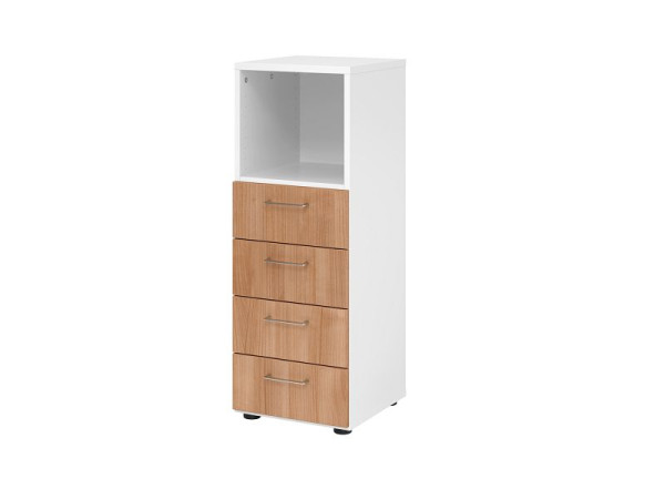 Hammerbacher ladekast 3OH, 4 laden, BS wit/walnoot, 40 x 41,7 x 110 cm, 4 laden, metalen handgreep, V934S4/W/N/BS