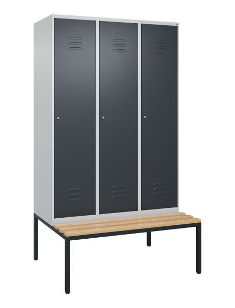 C+P luierkastje Classic PLUS met middenwand, bank, 3 vakken, 2120x1200x815mm, 7035/7016, cilindersloten, beuken zitlat, 0800507-32F S10052