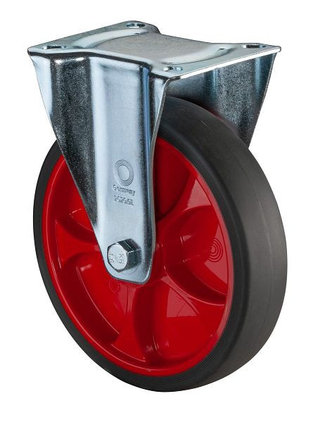 BS rollen transportrol vaste rol, thermoplastisch rubber wiel, grijze band, rode velg, rollager, plaat, diameter: 200 mm, L410.B44.201.03
