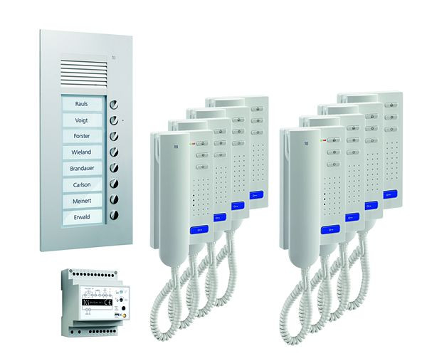TCS deurbedieningssysteem audio: pack UP voor 8 wooneenheden, met buitenpost PUK 8 belknoppen, 8x deurtelefoon ISH3030, bedieningseenheid BVS20, PPU08-EN / 02