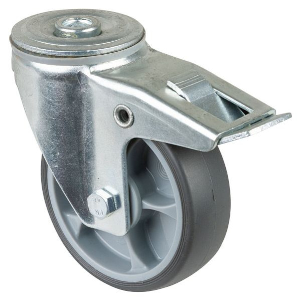 BS rollen transportrol zwenkwiel met rem, thermoplastisch rubber wiel grijs, kogellager, achtergat, diameter: 100 mm, VE = 4 stuks, L121.A85.102