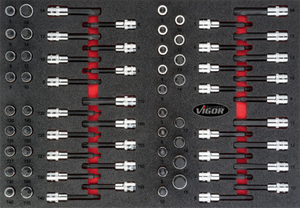 VIGOR dopsleutelset, 5 - 19, M5 - M16, T20 - T70, aantal gereedschappen: 70, V4753