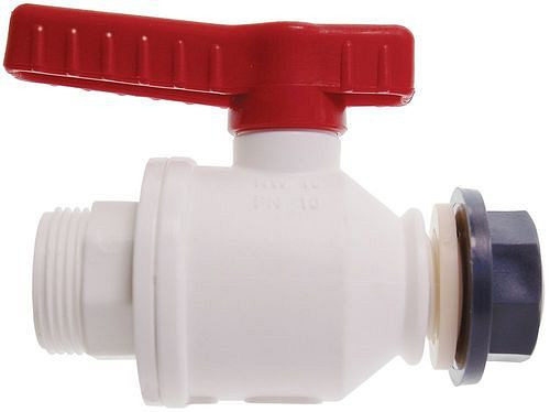 DENIOS kogelkraan van PP, wit, buitendraad inlaat 3/4" - uitlaat M 36 x 3, NW 20 mm, verpakking van 5, 309681