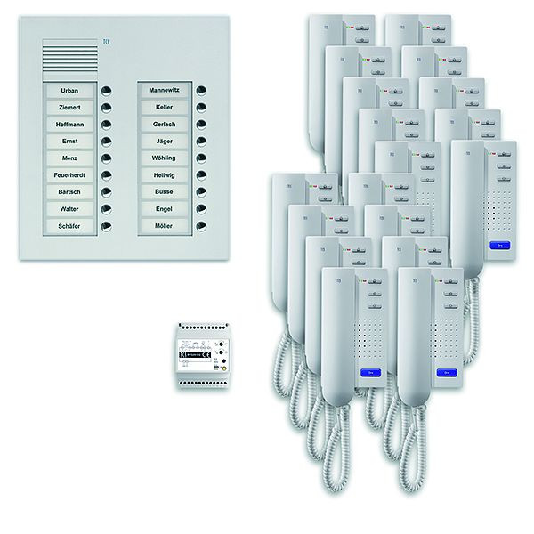 TCS deurbedieningssysteem audio: pack UP voor 18 wooneenheden, met buitenpost PUK 18 belknoppen 2-koloms, 18x deurtelefoon ISH3030, bediening, PPU18 / 2-EN / 02