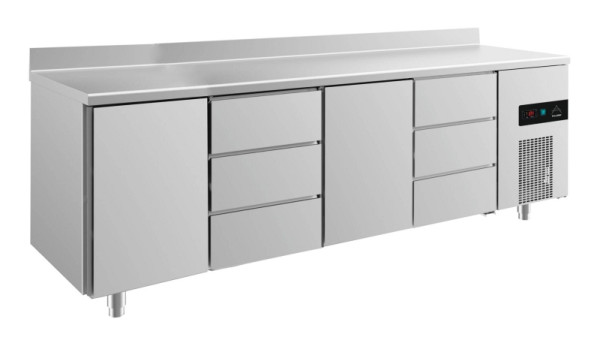 A&S Polarny koeltafel -2 tot +8°C met 2x deuren en 2x drie laden gecentreerd-links+rechts, 2330 x 700 x 850 mm, met opstaande rand, KT4TDTDA