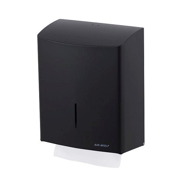 Air Wolf papieren handdoekdispenser voor maximaal 600 gevouwen handdoeken, Alpha-serie, H x B x D: 333 x 265 x 141 mm, matzwart roestvrij staal, 60-110