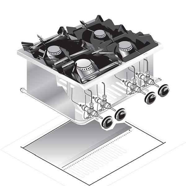 Gastro-Inox inbouw gasfornuis 4 pits 2x 3,5kW + 2x 5,5kW, 60cm, 160.503