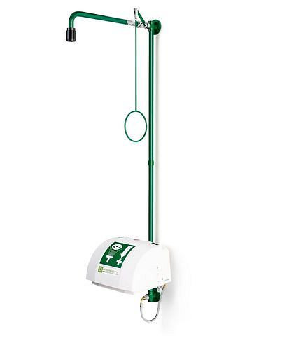 B-SAFETY lichaamsdouche met oogdouche met opvangbak en afdekking, groen, wandmontage, BR 868085/75 l, 305286