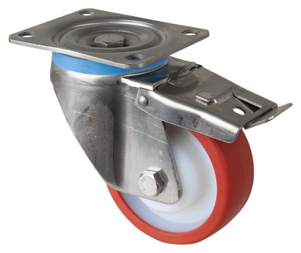 BS rollen RVS zwaarlastwiel zwenkwiel, RVS, met rem, glijlager polyurethaan wiel rood, schroefplaat 125 mm, HS120.B27.126
