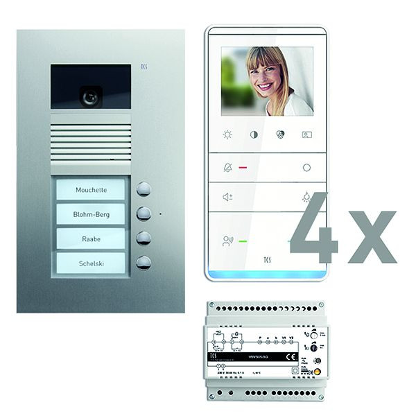 TCS deurbediening video: pack UP voor 4 wooneenheden, met voordeurstation AVU 4 belknoppen, 4x video handsfree luidspreker IVW5111, bedieningseenheid, PVU17040-0010