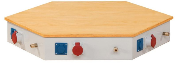 ANKE energy attachment side length 535mm; 6-Eck groep werkbank; per zijde: 1xCEE-aansluiting met deksel; 1x Schuko-aansluiting met deksel; 1xSchnellkupplung