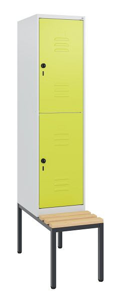C+P Doppelstöckiger Spind Classic PLUS, Bank, 1950x400x815mm, 7035/0024, Drehriegel, Sitzleisten aus Buche, mit untergebauter Sitzbank, 0803505-12 S10010