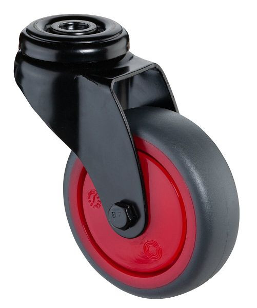 BS Wielen Zwart zwenkwiel, grijs thermoplastisch rubberen wiel, rode velg, kogellager, achtergat, diameter: 75 mm, VE = 4 stuks, A801.A85.075.03