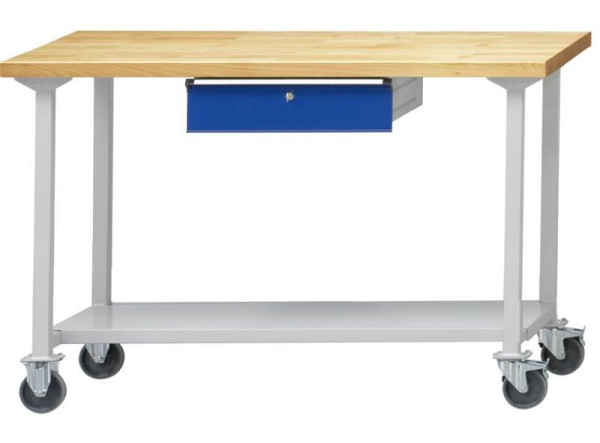 ANKE werktafel; mobiel; 1500x800 mm; RAL 7035/5010; 1xHängeschublade; 1x legbord van plaatstaal, 600 mm diep