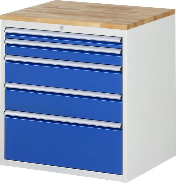 RAU ladekast serie 7000, massief beuken werkblad, 5 x lade maat XL 1xH60, 1xH90, 2xH150, 1xH270 mm, 770x825x650 mm, 03-XL5.2A-B.11