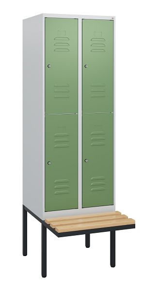 C+P dubbeldekkerkast Classic PLUS, 2 vakken, 1950x600x815mm, 7035/6011, cilindersloten, beukenhouten zitlatten, zitting, 0803405-20 S10036
